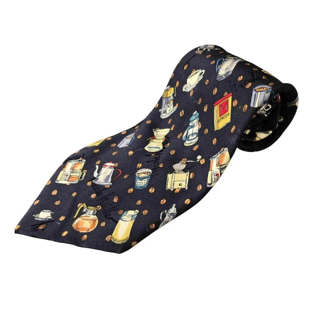 Vintage Nicole Miller 1996 Coffee‎ Espresso Silk Tie Men's Novelty Barista Bean